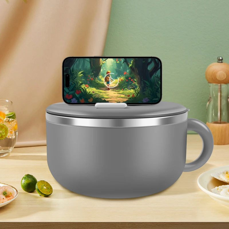 1200ml Ramen Bowl With Lid Stainless Steel Instant Noodle Cooker Fruit Salad Rice Soup Bowl Large Lunch Box Kitchen Accessories