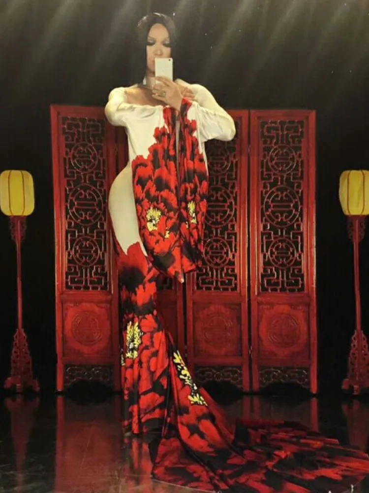 Vintage Stage Performance Costume Red Floral Print Trailing Long Dress Women Birthday Party Evening Celebrate Performance Outfit