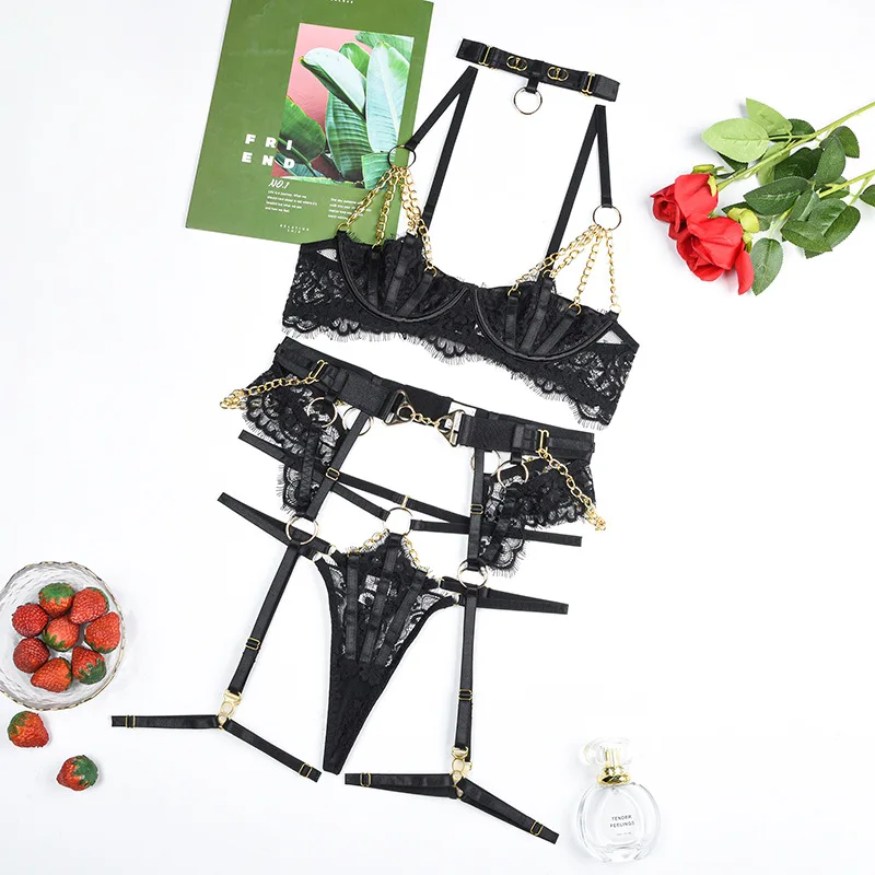 

New Europe And the United States Sexy Hanging Neck Mesh Erotic Lingerie Removable Multi-piece Hollow Out S-L