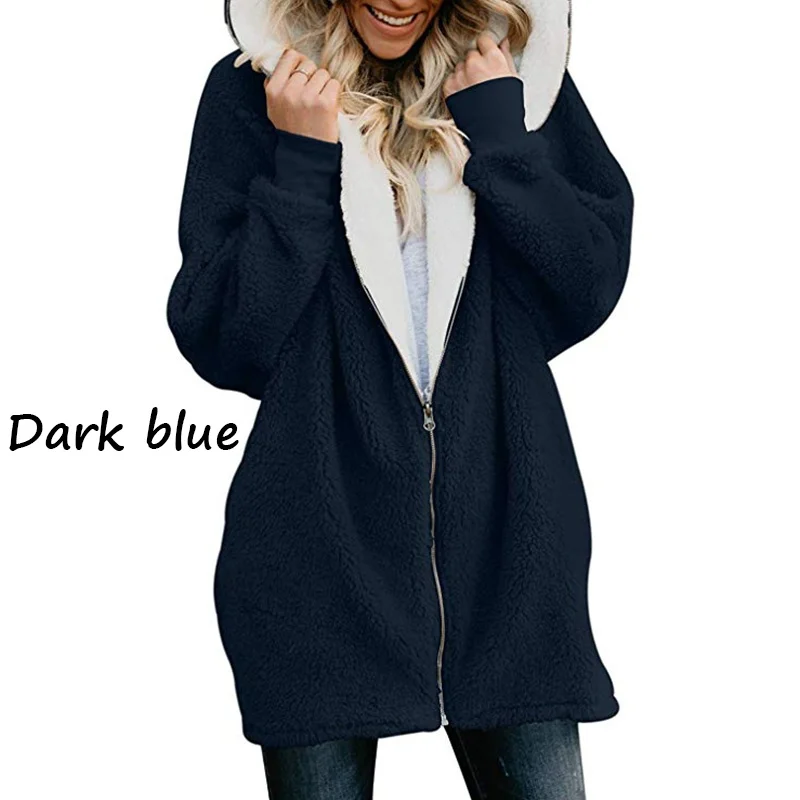 2023 hot Women Fluffy Long Sleeved Hooded Cardigan Jacket Winter Warm Zipper Fashion Solid Color Coat
