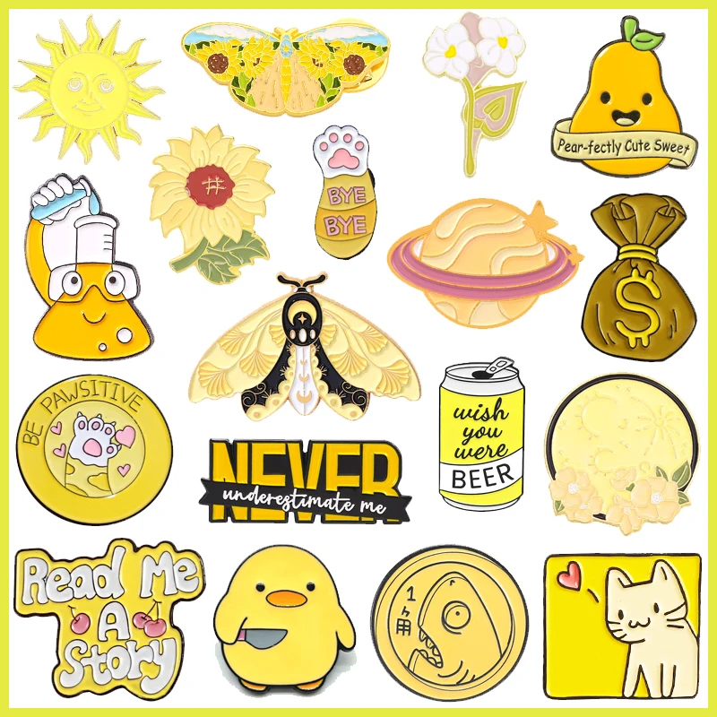 Creativo Giallo Smalto Spille Animale Gatto Anatra Cane Pianta Fiore Sole Lettera Geometrica Birra Lega Spilla Distintivo Gioielli Di Moda Regalo
