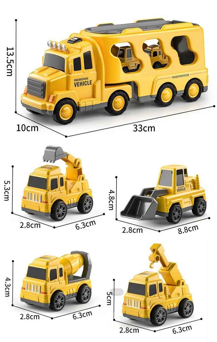 Toy transport truck carrying construction vehicles