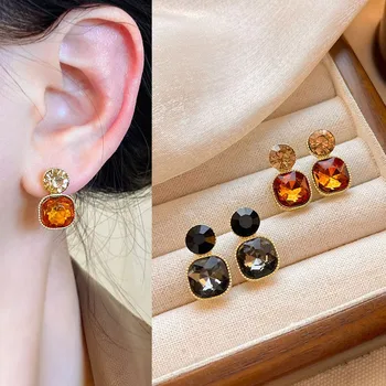 925 Silver Needle Korean Fashion Champagne Crystal Earrings For Women Jewelry 2025 Trending Square Sugar Gray Black Earrings