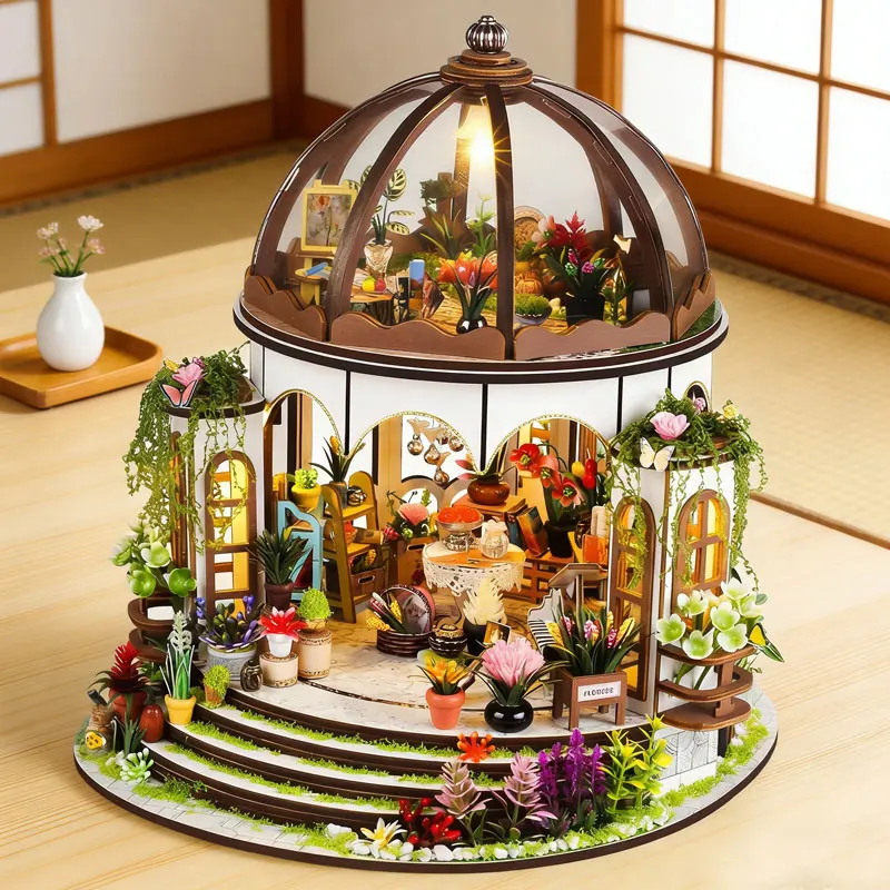 DIY Miniature Greenhouse Wooden Dollhouse Kit LED 조명 3D 퍼즐 수공예 세트 어린이 성인 가구 장식 선물
