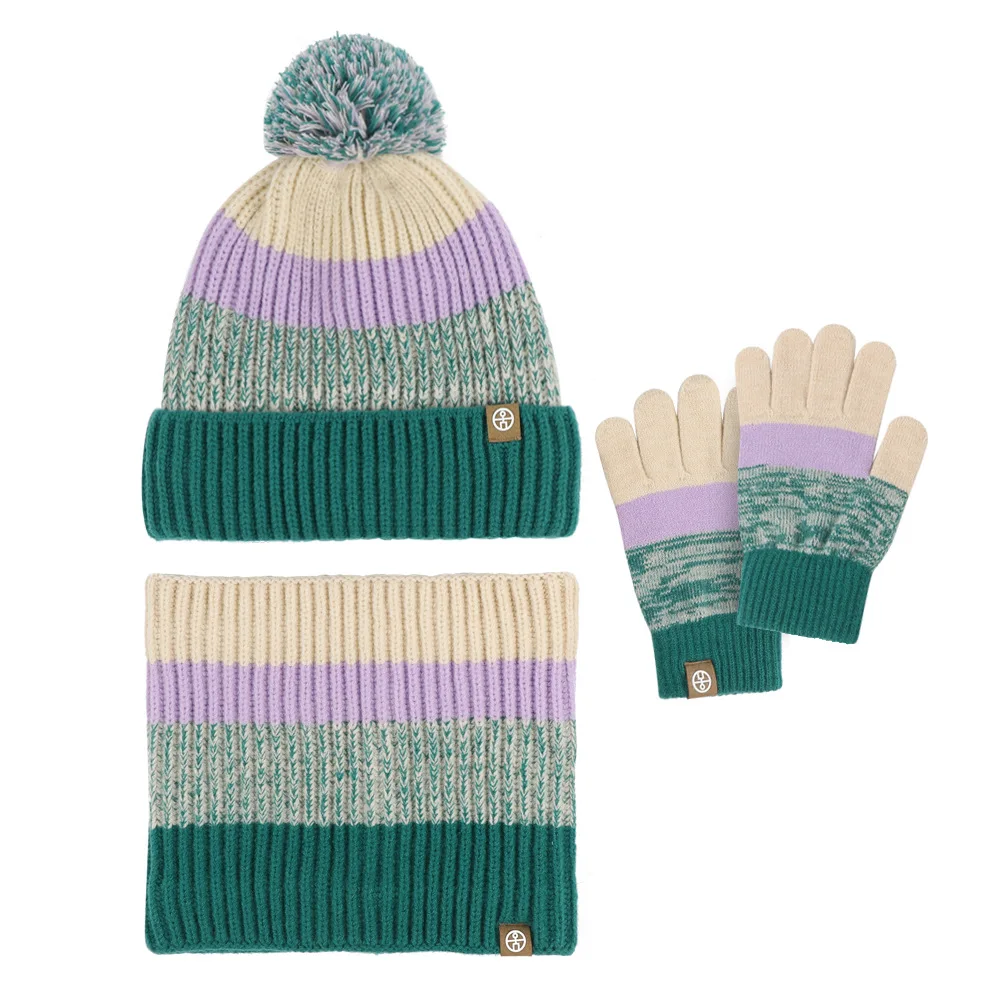 3pcs Set Winter Hat Children Beanie Snood Gloves Kids Gilr Boy Knit Winter Bonnet Colorful Striped Plush Lining Pompom 2-10Y