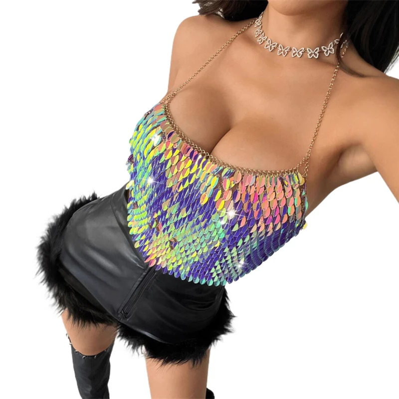 2025 herbst Einstellbare Halter Frauen Crop Top Glänzenden Strass Körper Kette Bh Elegante Funkelnden Rohr Top Halloween Nachtclub Party – Detail 5