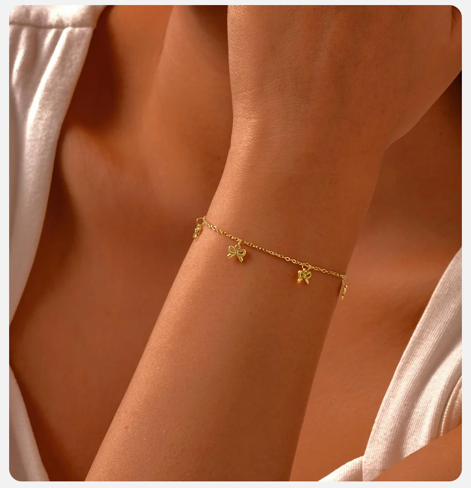 Vnox vergoldetes Edelstahl-Bowknot-Charm-Armband für Frauen, zwei Stile zum Aufhängen und Glieder, Schleife, Kette, Hand- und Hals-Modeschmuck – Detail 3