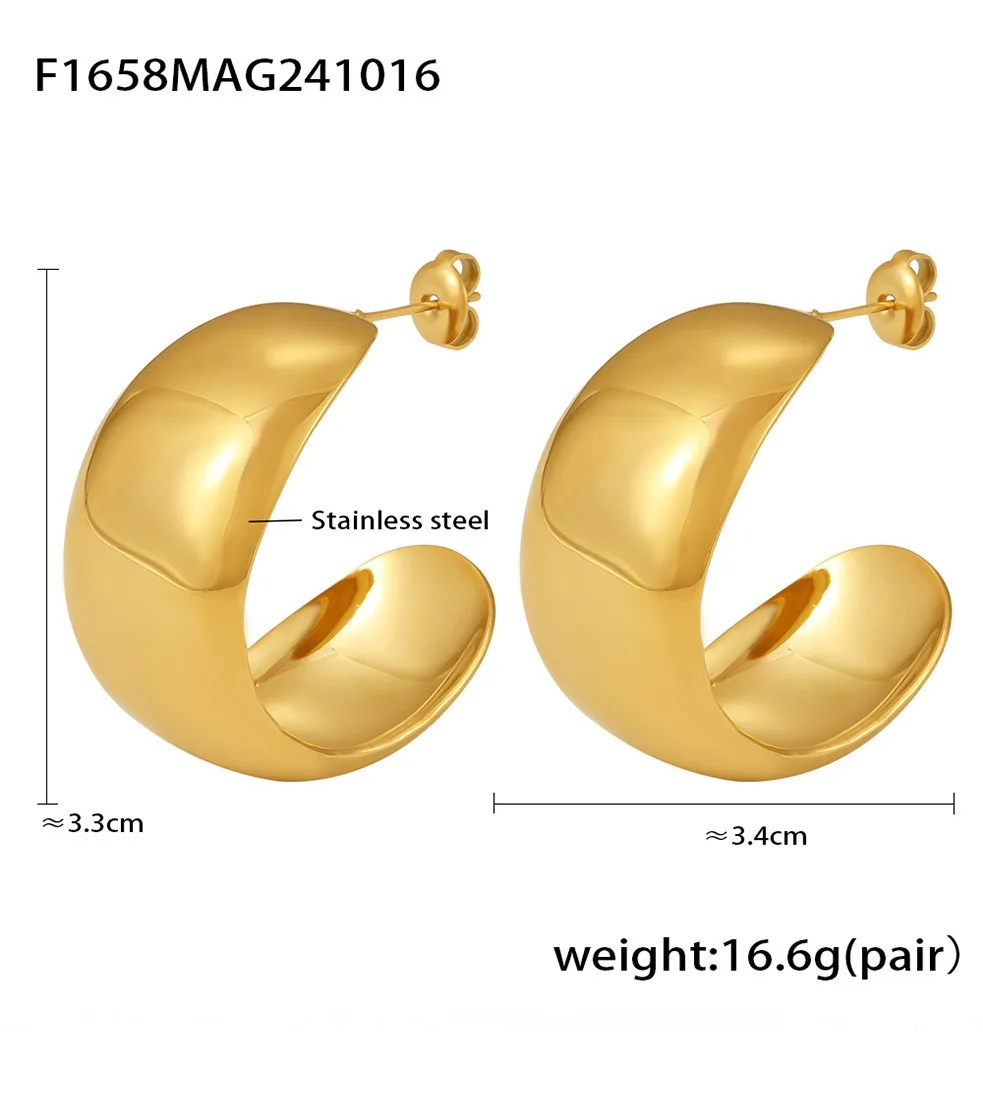 Helle Edelstahl-Ohrringe für Damen, wasserdicht, 18 Karat vergoldet, C-Form, OL, luxuriöser, klobiger Ohrstecker, Schmuck, Geschenk – Detail 6