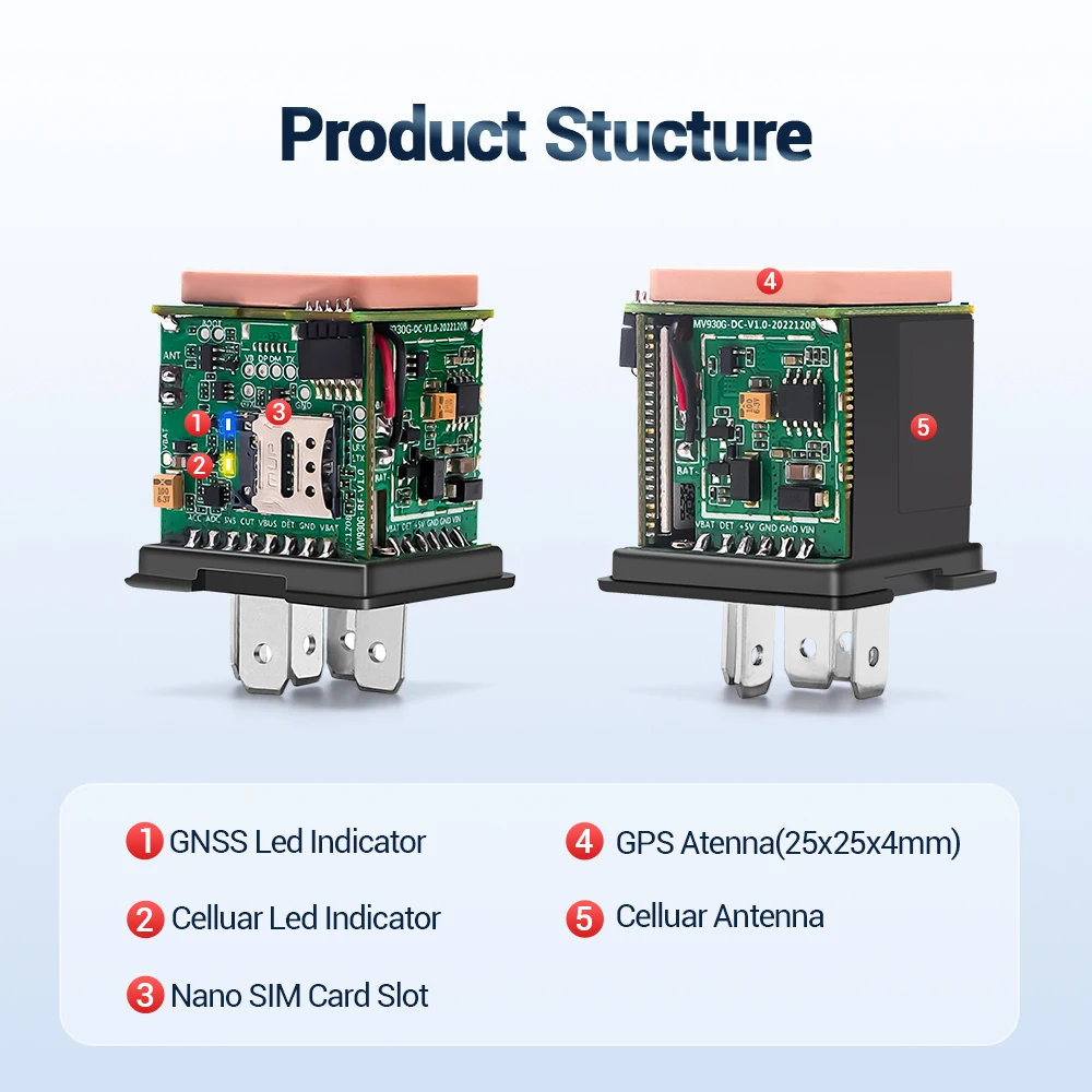 4G GNSS Locator MV930G Cut Off fuel ACC Detecting Multi-Alarms Real-Time Positioning Recording Free Web&APP Tracking
