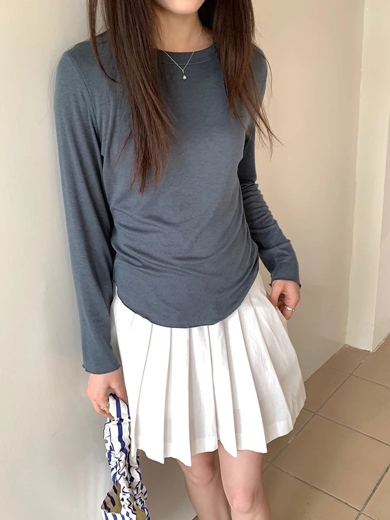 Spring women's casual solid color round neck long sleeved T-shirt 4