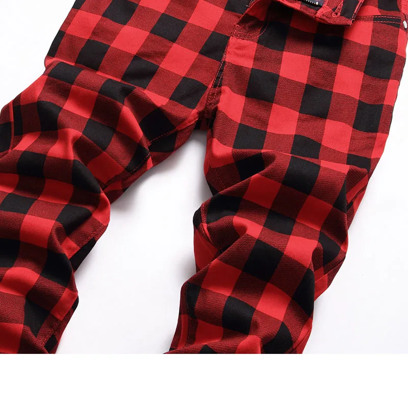 European Style Plaid Mens Jeans 2022 Mens Fashion Slim Denim Pants Biker Hip Hop Casual Elastic Waist Printed Trousers