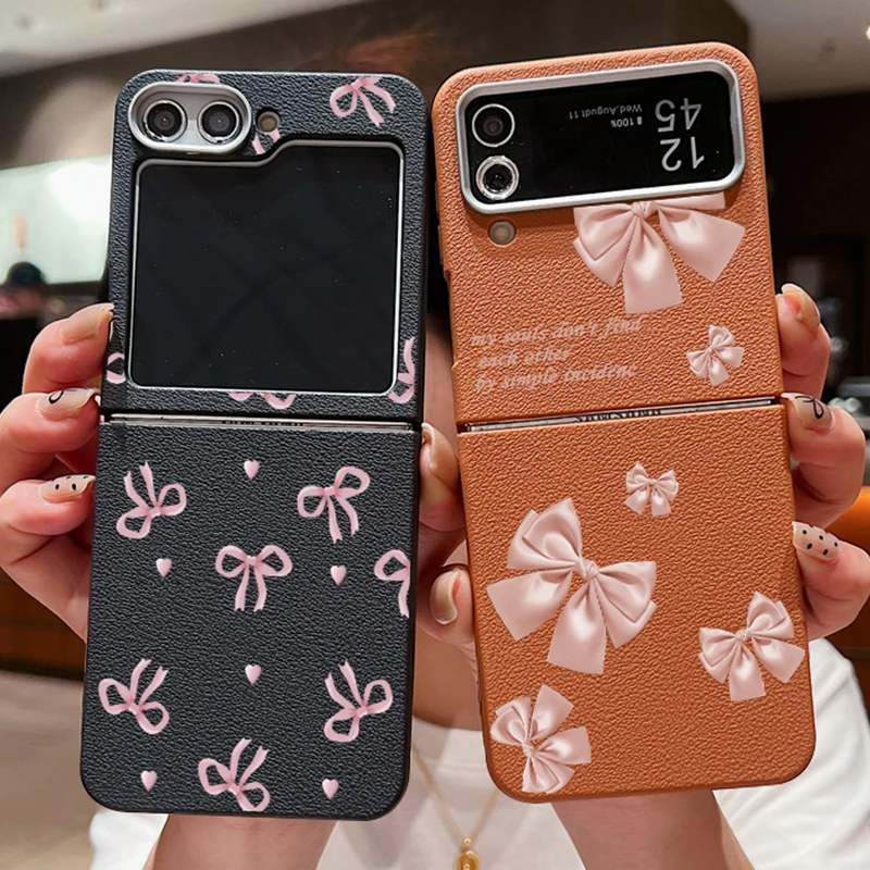 ForSamsungGalaxyZFlip7FE56345GLeatherTexturePhoneCasePinkBowknotSoftFoldingCoverForSamsungZFlip4Flip6-AliExpress