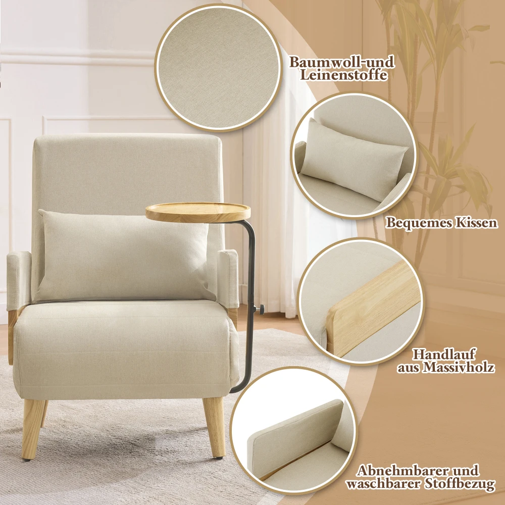 3-in-1 umwandelbarer Sessel mit Schlaffunktion, weichem Kissen und Holztisch für Wohnzimmer, Schlafzimmer, Büro, Wohnung – Detail 13