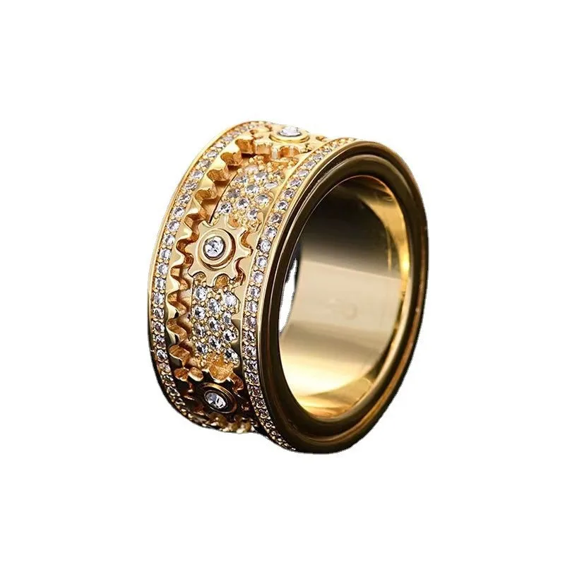 Encrusted zircon gear rotating ring men's and women's fashion jewelry luxury wedding holiday souvenir gift