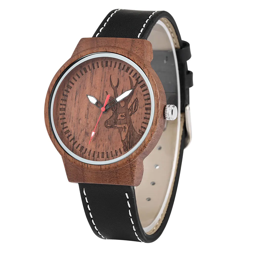 

Wooden Watch Men's And Women's Precision Quartz Watch Original Ecological Walnut Wood Grain Road Black Leather Strap Elk Pattern