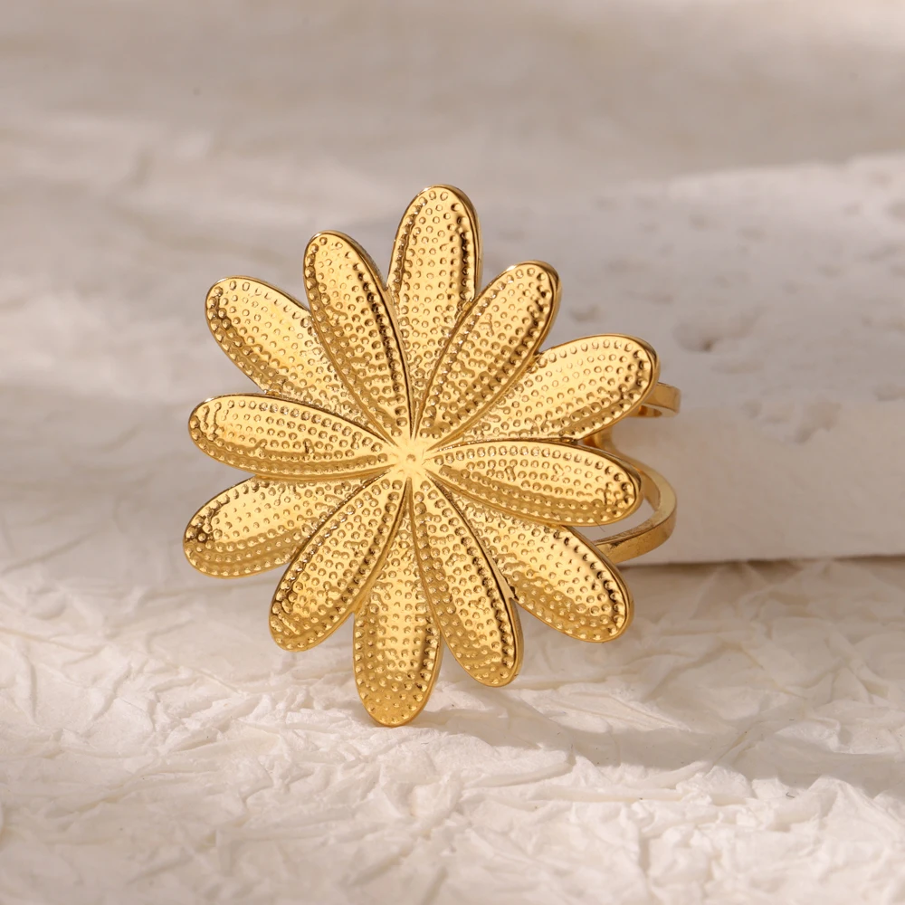 Gold Flower Stainless Steel Open Rings for Women Wedding