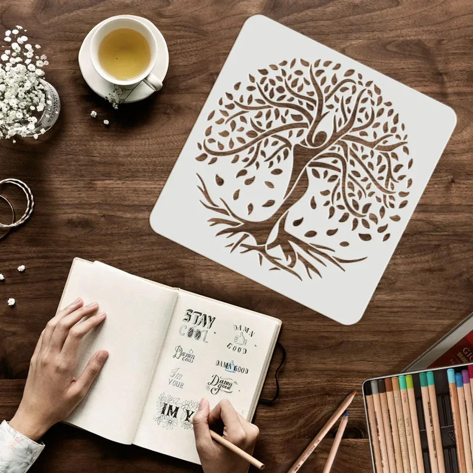 Set 12 Stencil Alberi Fai Da Te 12 Stencil Albero Della Vita Riutilizzabili - Per Pittura Su Legno, Fai Da Te, 15x15 Cm Stencil Riutilizzabili Fai Da Te