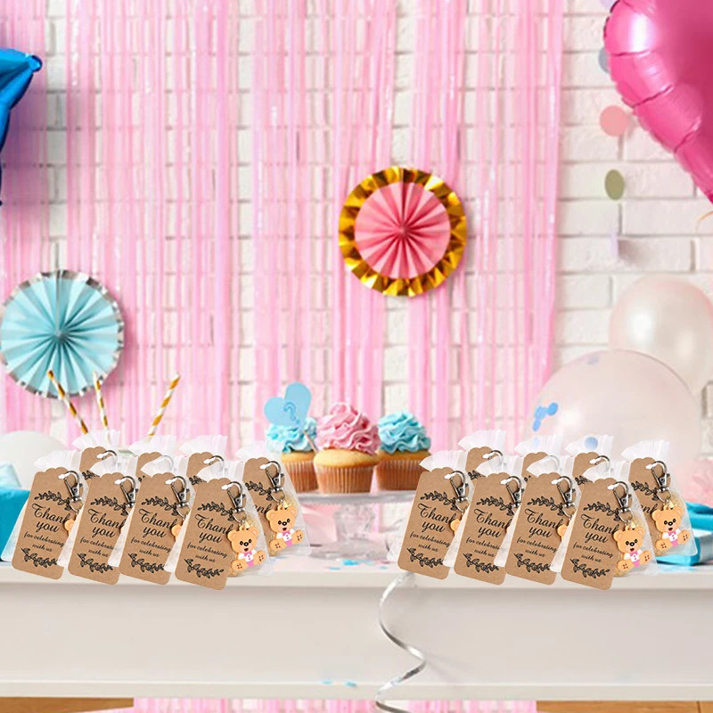 10–30 Sets Babyparty-Souvenir-Organza-Geschenkbeutel mit Dankeschön-Tag, Bären-Schlüsselanhänger, Mädchen, Jungen, Geschlecht offenbaren, Geburtstagsparty-Gefälligkeiten – Detail 2