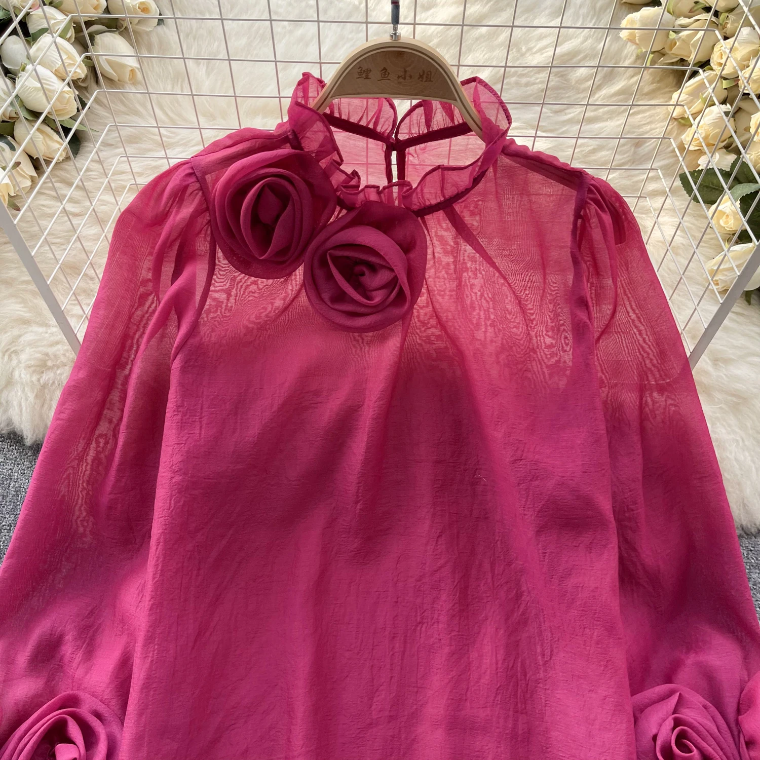 Sexy Puff Sleeve Long Sleeve O-Neck 3D Floral Pleated Blouse Slim Elegant Fashion Basic Chic Spring Summer Women Chiffon Shirt