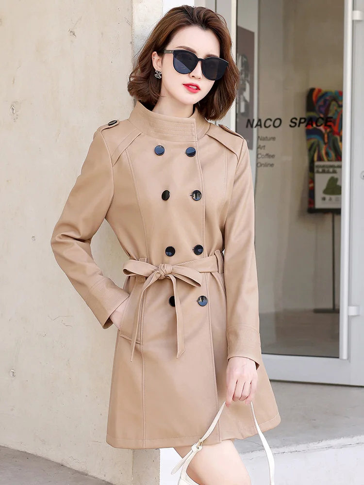 New Women Sheepskin Trench Coat Spring Autumn Fashion Stand Collar Slim Long Split Leather Tops Coat Casual Leather Outerwear