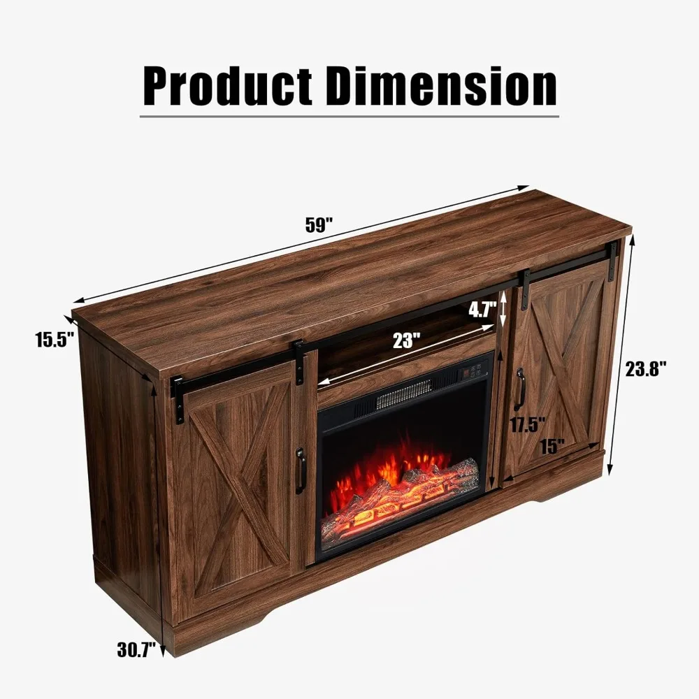 Fireplace TV Stand with Sliding Barn Door for TVs up to 65", Farmhouse 59" Fireplace Entertainment Center with Storage Cabinets 5