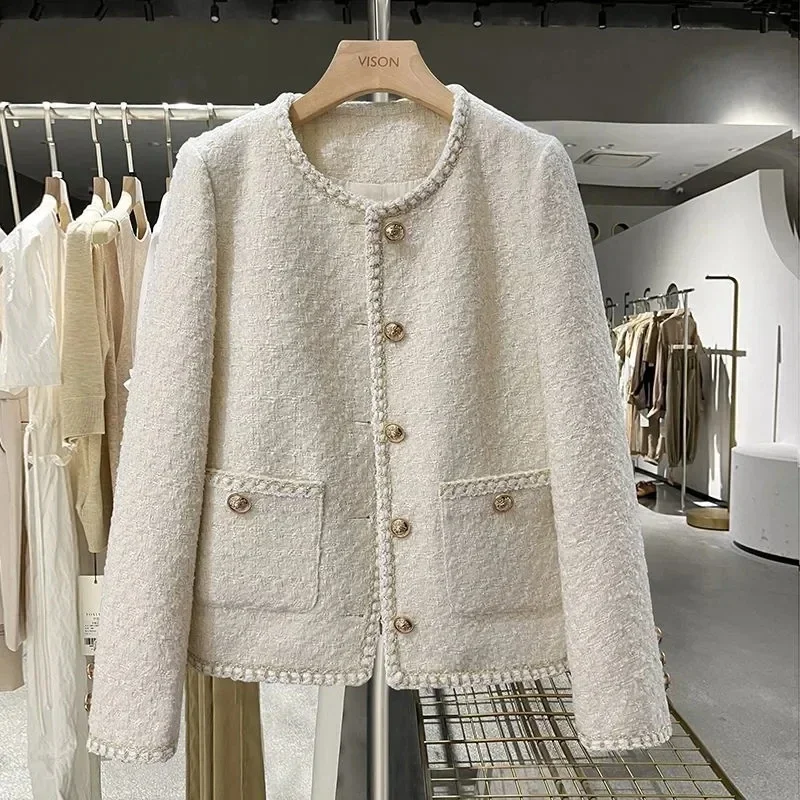 

New Spring Autumn Jackets for Women Round Neck Trench Coats Woolen Short Jackets Blazers Office Lady Korean Tweed Jacket Overcoa