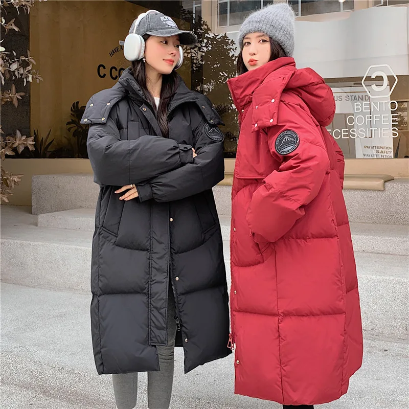 2023 Winter New Women's Fashion Large Cotton Coat Down Coat Women's Detachable Hat Thickened Long 90 White Duck Down