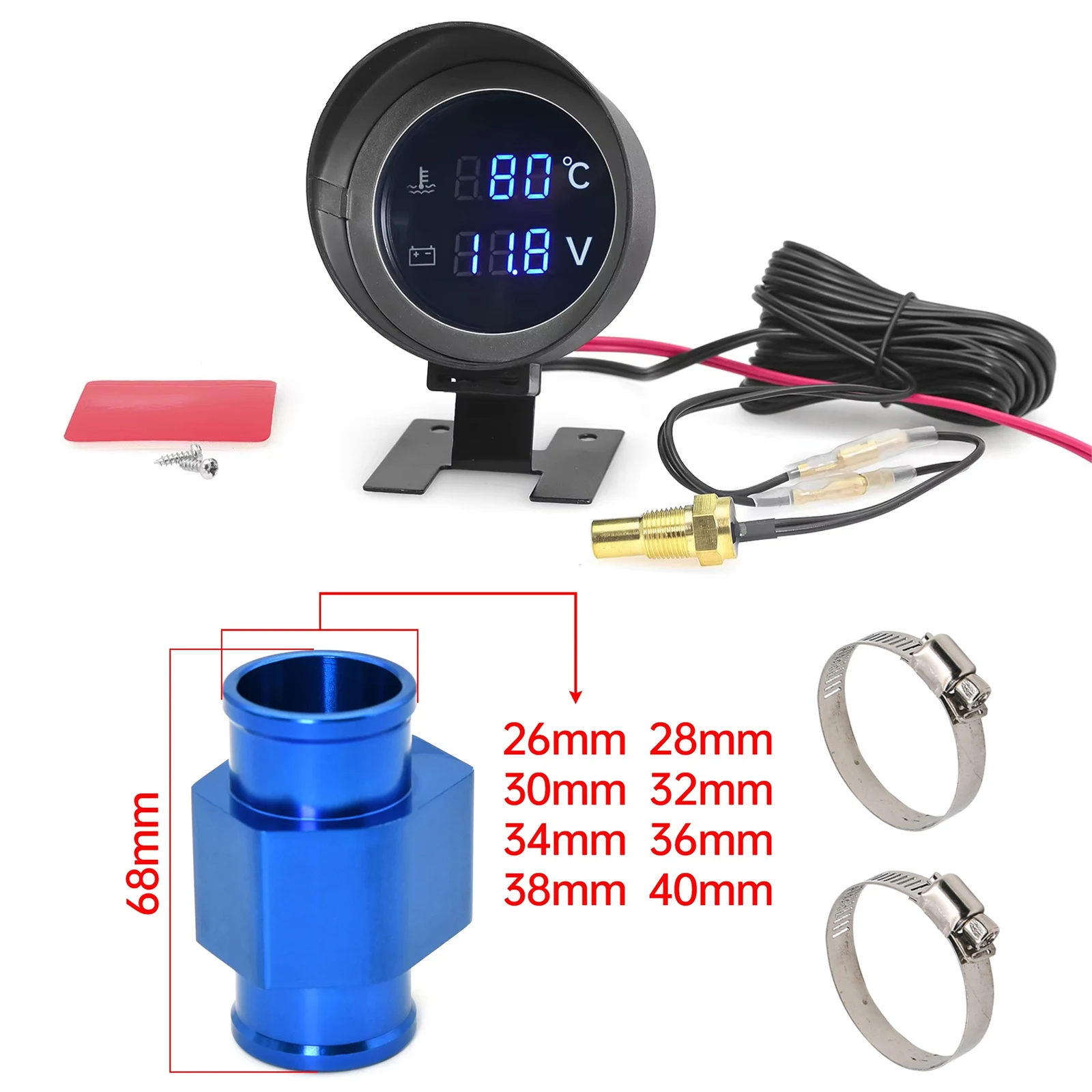 2 in 1 LED 디지털 원형 수온계 전압계 (10mm 1/8NPT 센서, 12V 24..