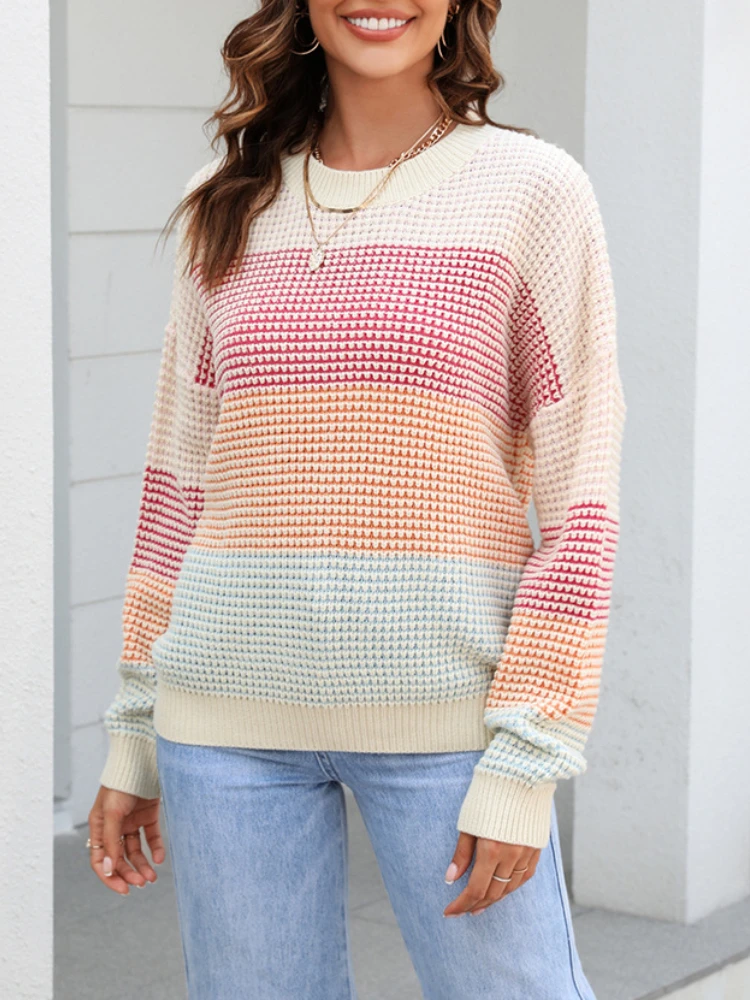 

Sweaters for Women 2023 New Fashion Korean Autumn Winter Long Sleeve Top Striped Pullover Jumper Loose Vintage Knitted Sweater