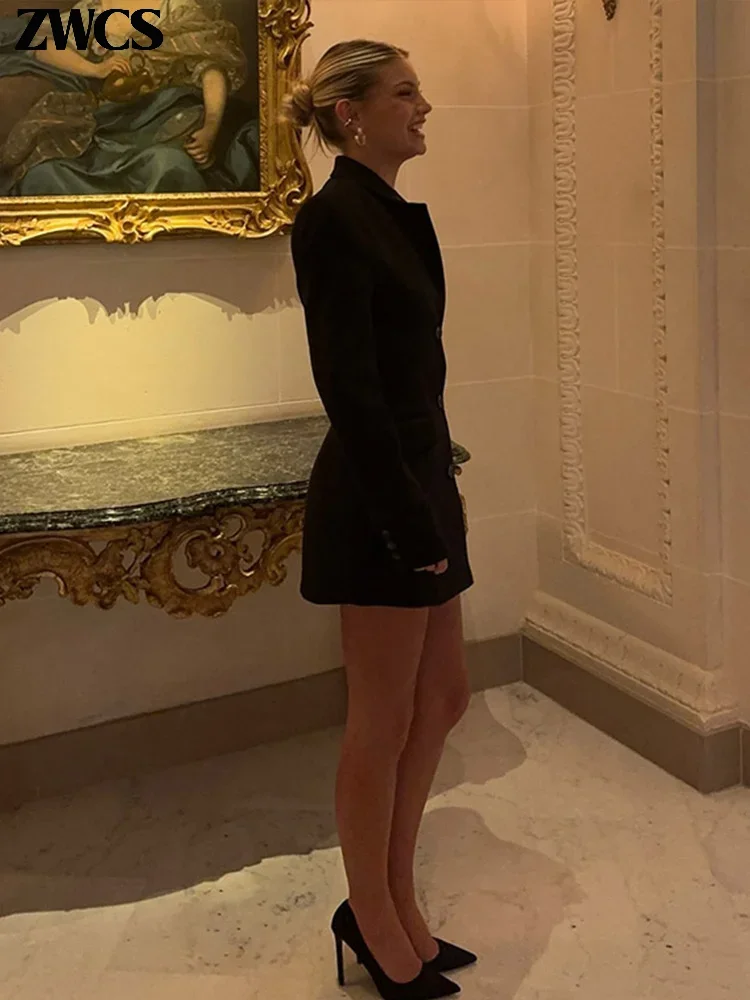 Black Blazers Mini Party Dress Women Elegant Single-breasted V-neck Long Sleeve High Waist Dresses 2025 Spring New Lady Vestidos 4
