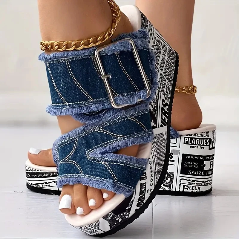 Women's Letter Print Denim Canvas Sandals Platform Wedge Slip-on Buckle  Wedge Heel Shoes Fashion & Summer Women Shoes