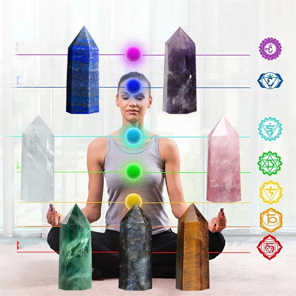 

Natural Stone and Crystals Point Wand Reiki Healing Stone Green Fluorite Amethyst Mineral Stones Crystal Crafts 4-5cm 7pcs Set