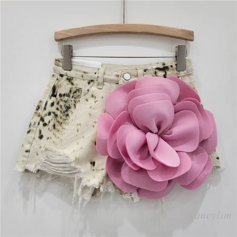 Printed Tie-Dyed Sexy All-Matching Ripped Tassel Frayed Three-Dimensional Flower Denim Shorts Wide Leg Hot Pants for Women