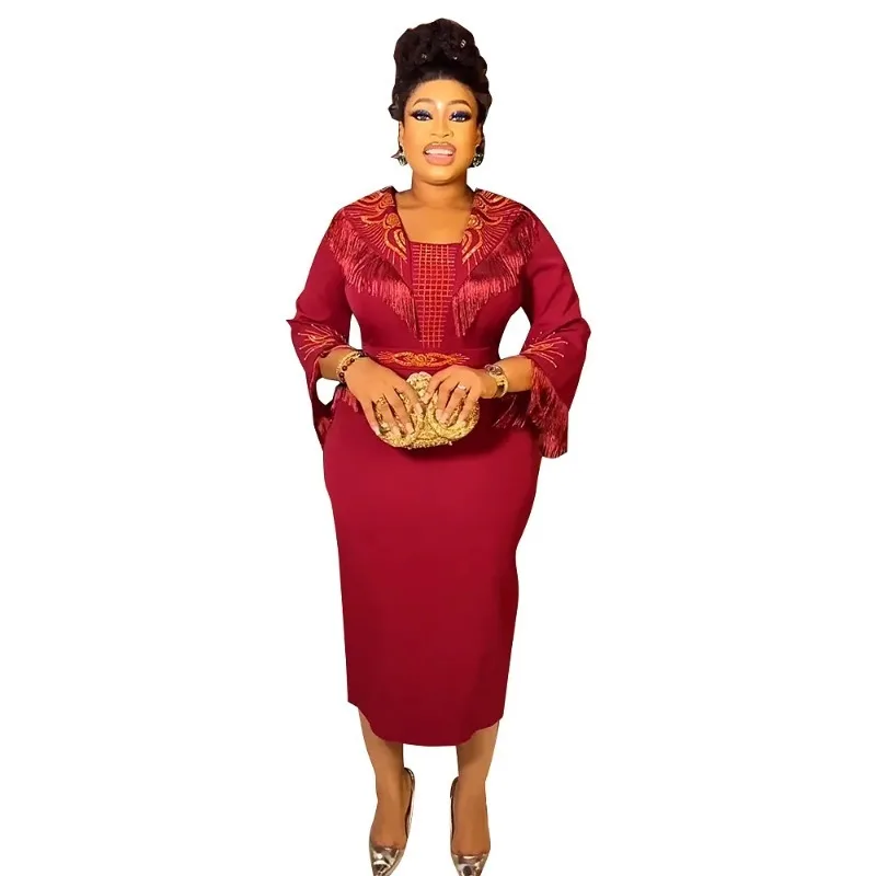 

Autumn New African Dresses For Women Vetement Femme Dashiki Tassel Splice Midi Dress African Clothes Dashiki Ankara Dresses Lady