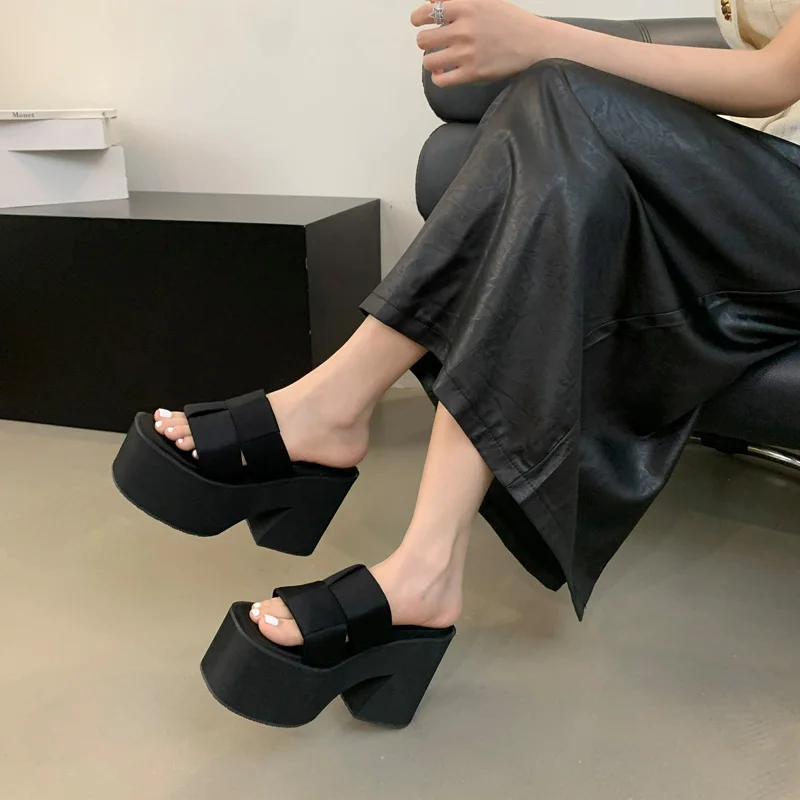 

10cm Black Slippers Ladies Platform Chunky Shoes Belt Weave Summer Sandals Leisure Women Block Heeled Shoes Sandalias Mujer