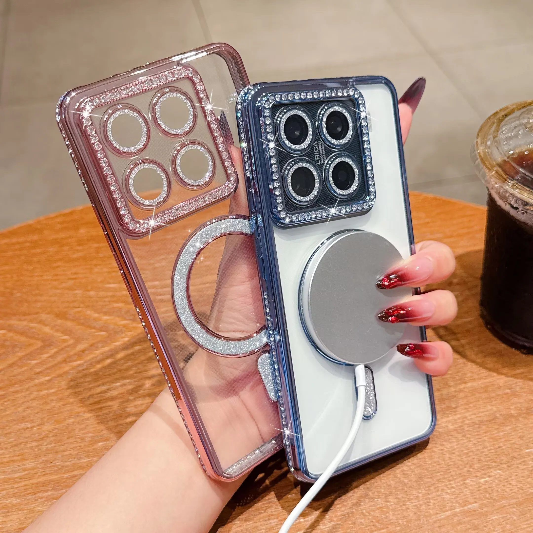 Crystal Clear Bling Magnetic Wireless Charging Phone Case with Lens Film Cover