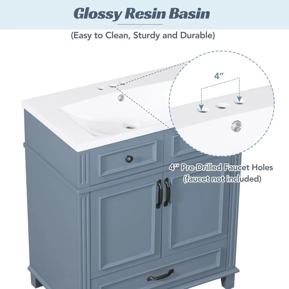 30 Inch Bathroom Vanity with Sink Combo, Solid Wood Frame Bathroom Storage Cabinet with 2 Doors and 1 Drawer