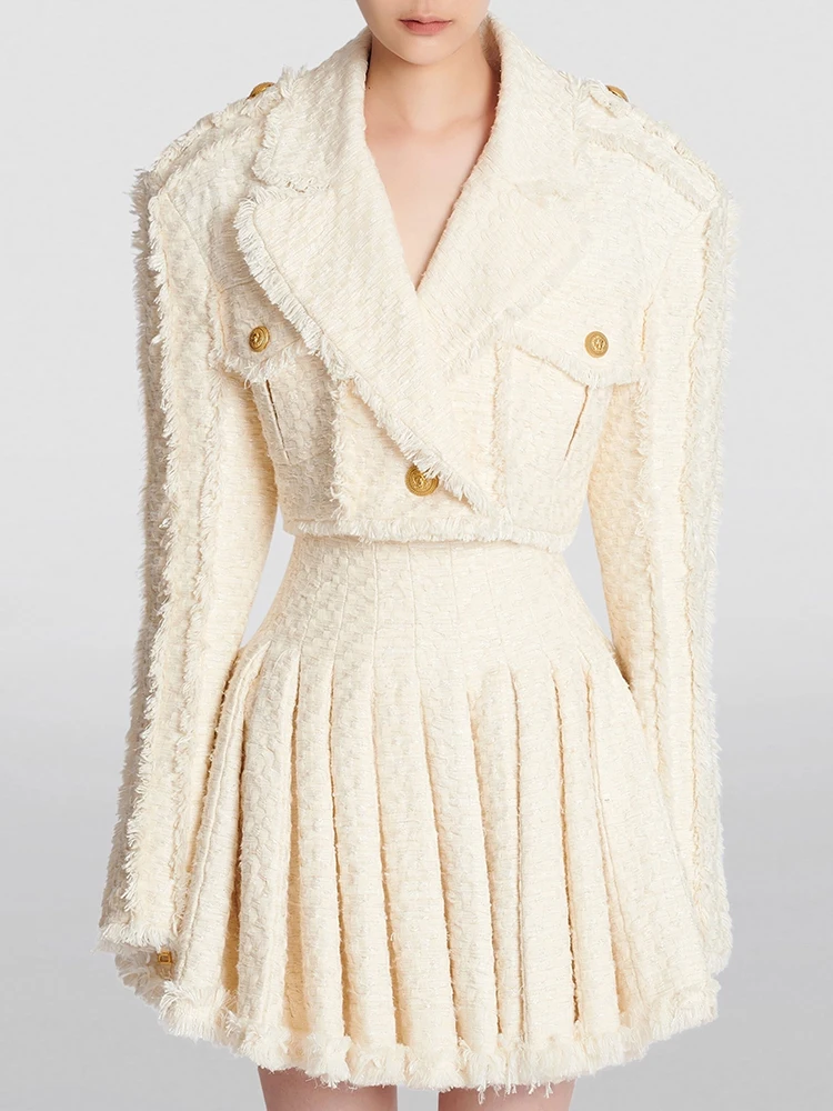 

HIGH STREET Newest Fashion Designer Women's Tassel Fringed Tweed Trimmed Jacket
