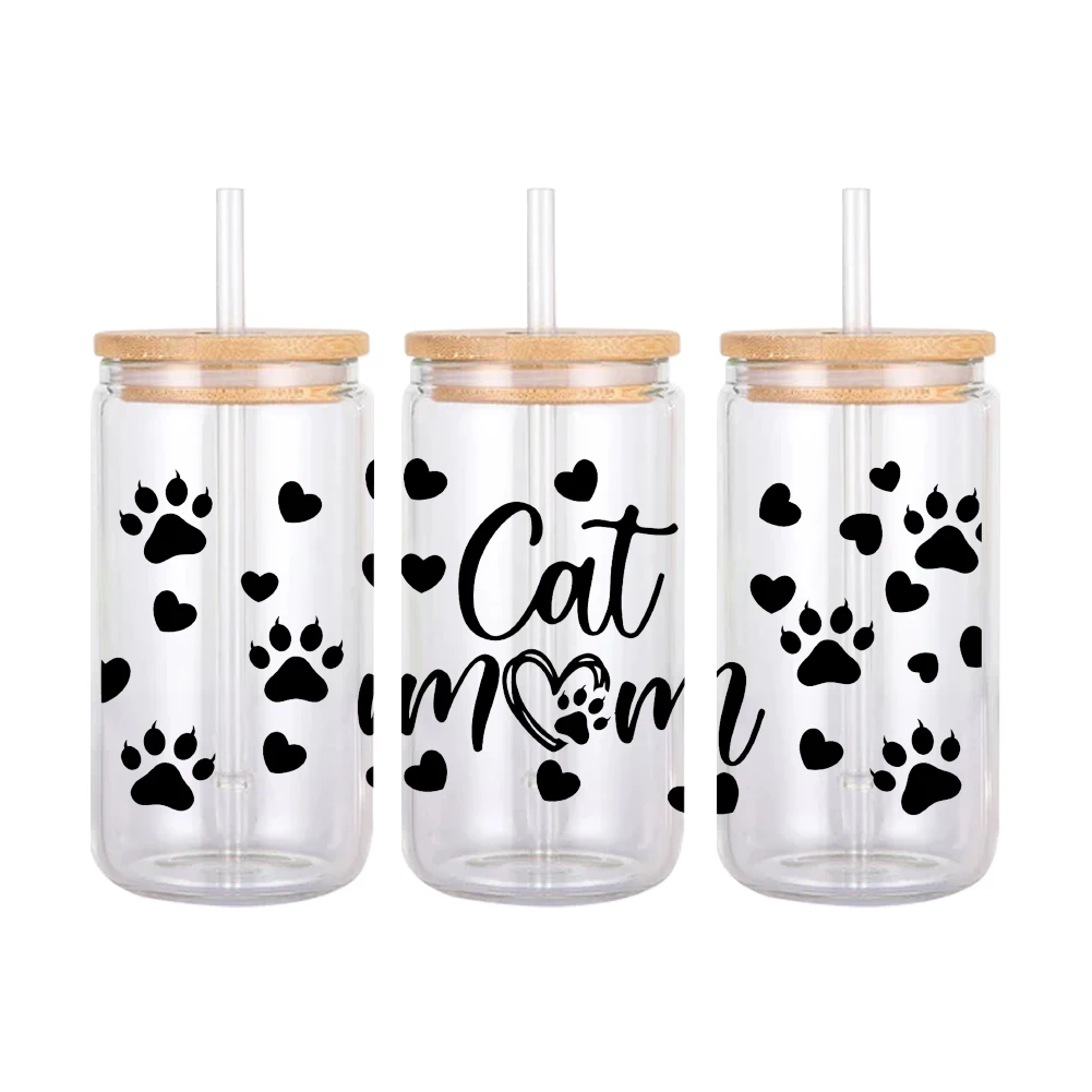 Cartoon Paw Animals Cat Dogs Pattern UV DTF Transfer Sticker Waterproof Transfers Decals For 16oz Glass Cup Wrap Stickers