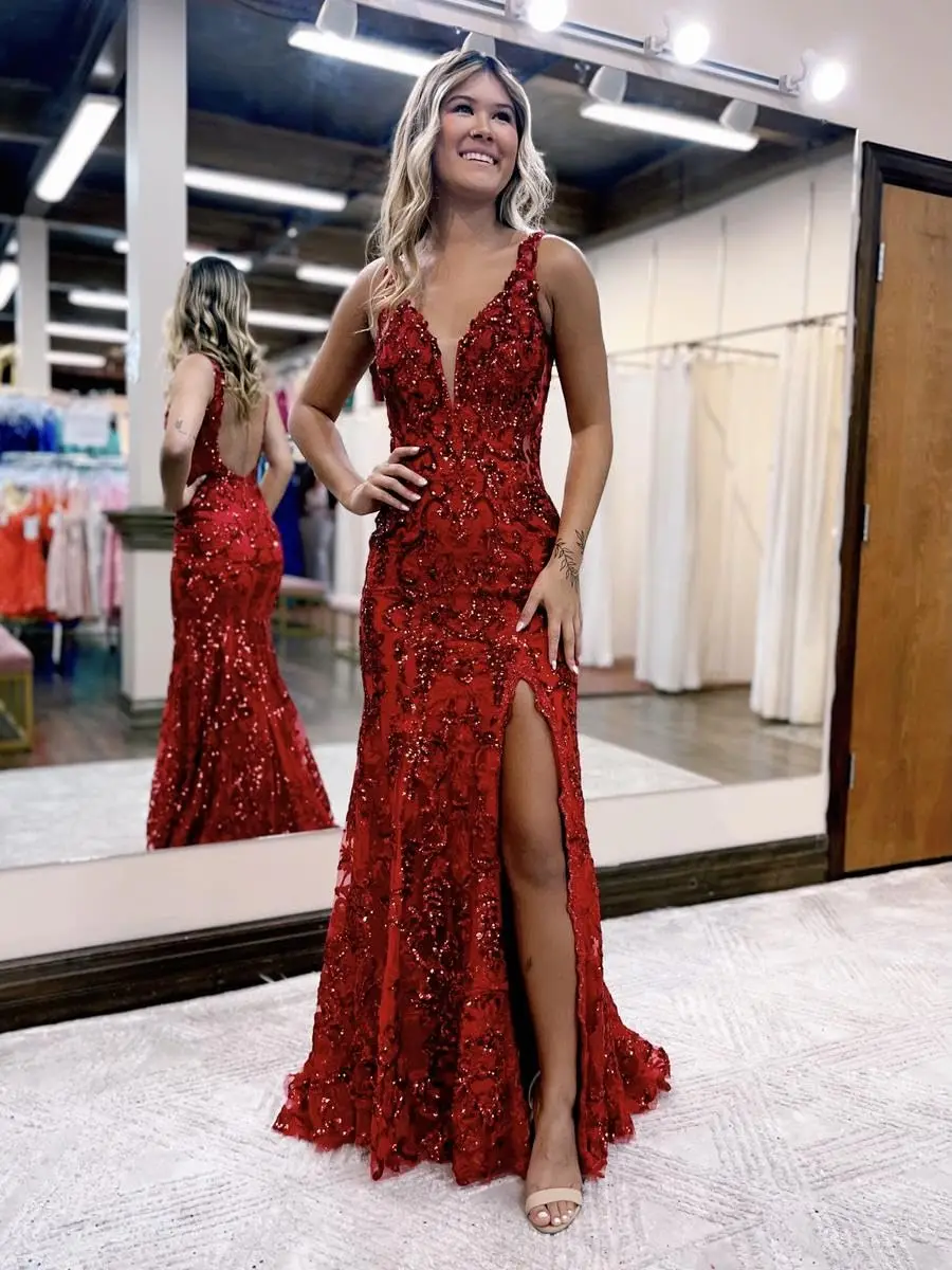 Vibrant Saffron Sequin Mermaid Gown with Plunging V-Neckline & High Side Slit