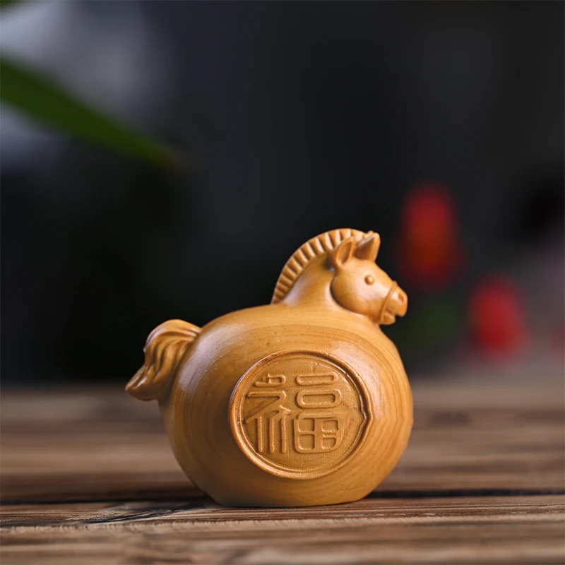 1/2pcs Feng Shui FU Horse Wooden Carved Horse Figurine Bring Good Luck 2026 New Year Zodiac Horse Statue Home Office Decor