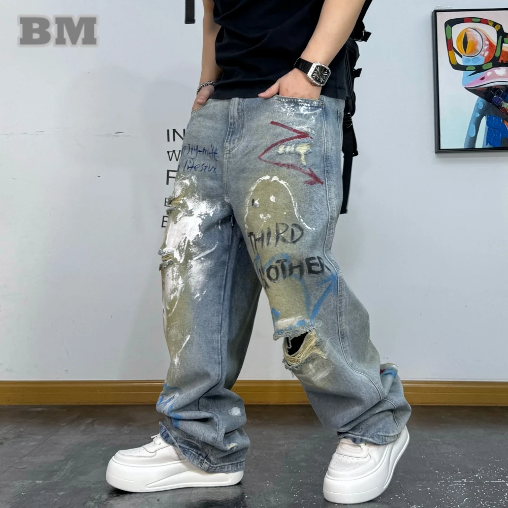 Mens Jeans OYOANGLE Men's Ripped Distressed Jeans Wide Leg Casual