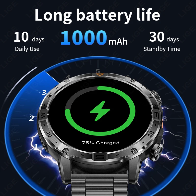 LIGE 2025 New For HUAWEI Xiaomi 1000mAh Smart Watch Men Sports Fitness LED Flashlight Compass IP68 Waterproof BT Call Smartwatch