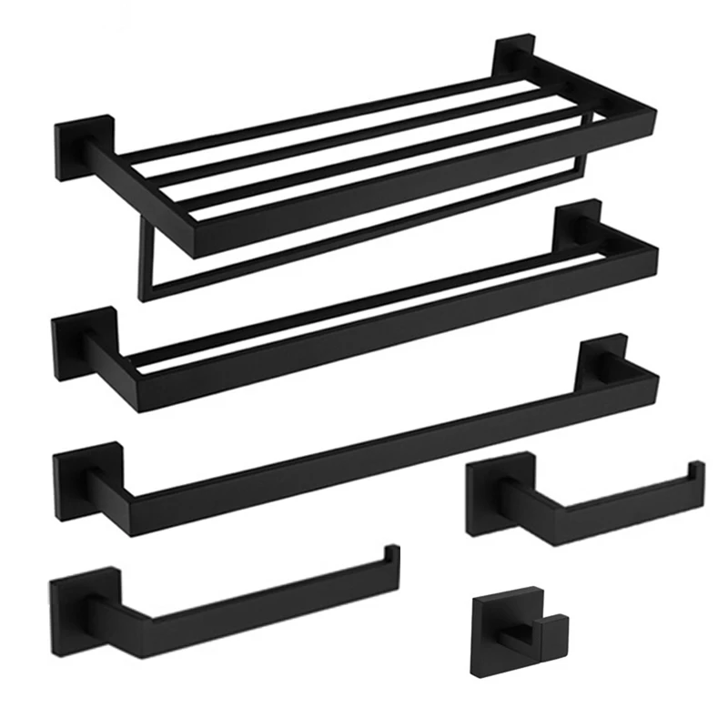 Description Picture 2 of itemMatt Black Bathroom Hardware Set Kit Accessories Wall Shelf Towel Bar Rack Rail Robe Hanger Toilet Brush Roll Paper Holder Dish