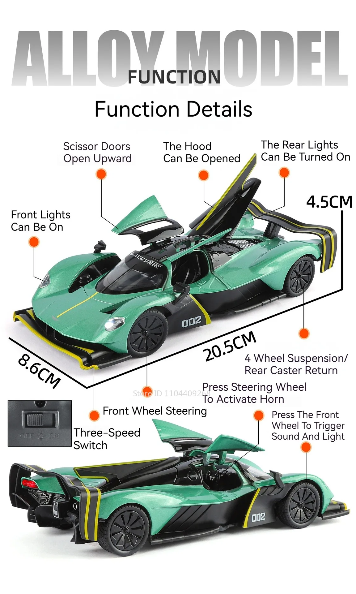 1:24 Aston Martin Valkyrie AMR PRO Diecast Model Car w/ Sound