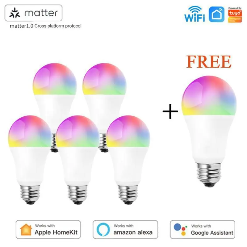 Matter WiFi Smart LED Light Bulb E27 9W TUYA/Smart Life RGBCW Dimmable Smart Lamp Support Alexa Google Home Homekit Control