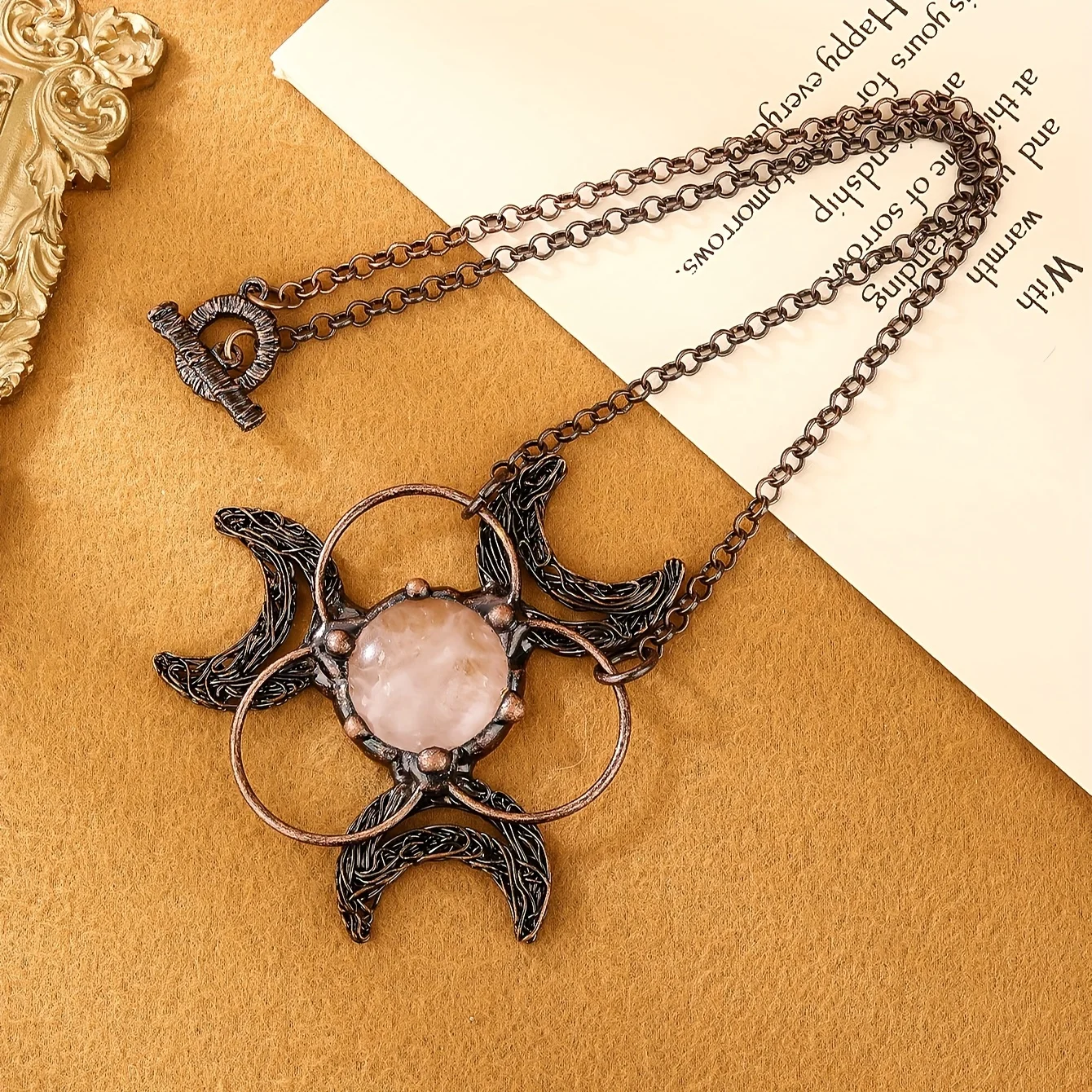 YEEVAA Retro Style Three Moon Combination Natural White Crystal Inlaid Pendant Necklace For Women Party Gift(With Chain)