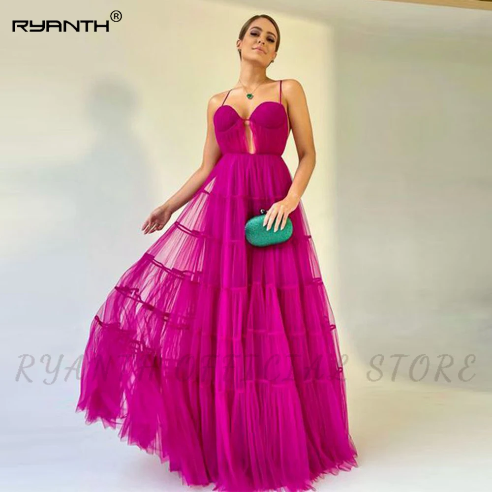 

Ryanth A-line Sweetheart Tulle Evening Dresses 2024 Luxury Tiered Long Fuchsia Spaghetti Straps Party Dresses Vestidos De Noche