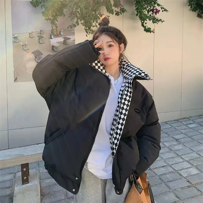 2023 Winter Leisure Versatile Checkerboard Solid Color Checker Coat Cotton Coat Down Cotton Bread Coat Cotton Coat Female 2023 winter leisure versatile checkerboard solid color checker coat cotton coat down cotton bread coat cotton coat female