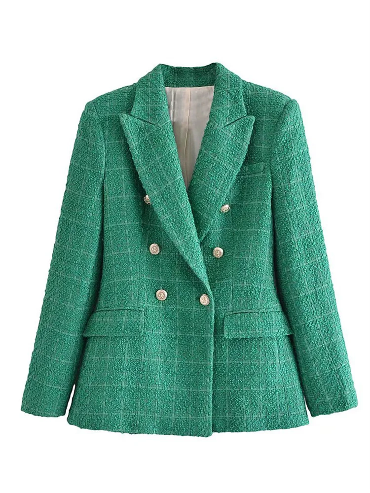 Green Blazer Coat Women Texture Slim Double Breasted 2022 Spring Autumn